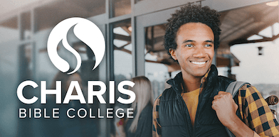 The Charis Bible College logo beside a smiling student outside the campus