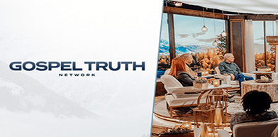 The Gospel Truth Network logo beside two people talking on a television set